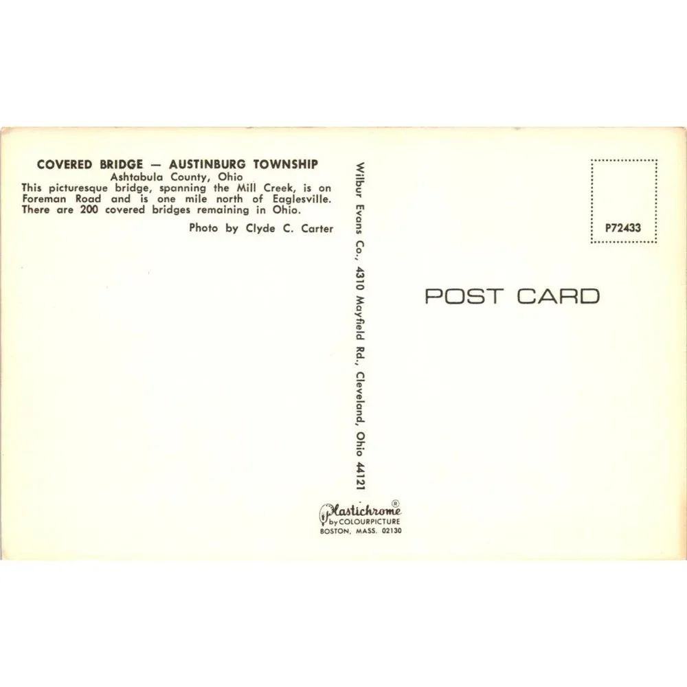 Vintage Austinburg Ohio Postcard Covered Bridge Dirt Road Wooden Bridge